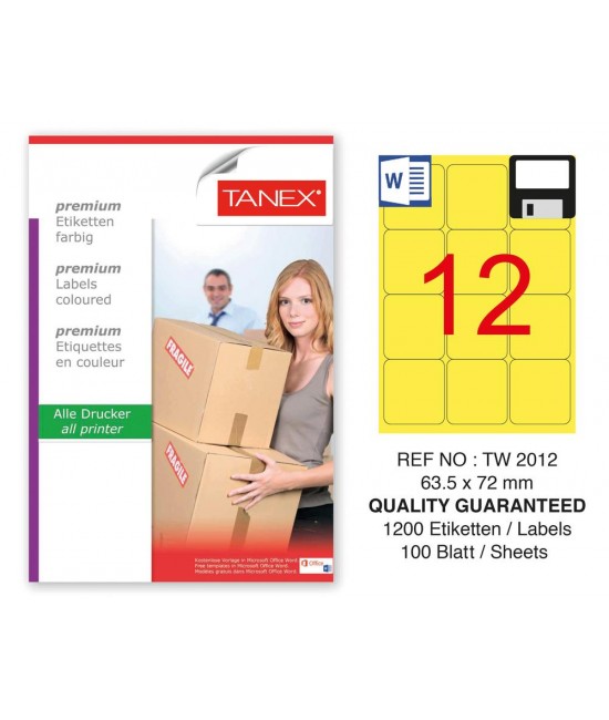 Tanex TW-2012 63,5x72mm Sarı Pastel Laser Etiket 100 Lü 