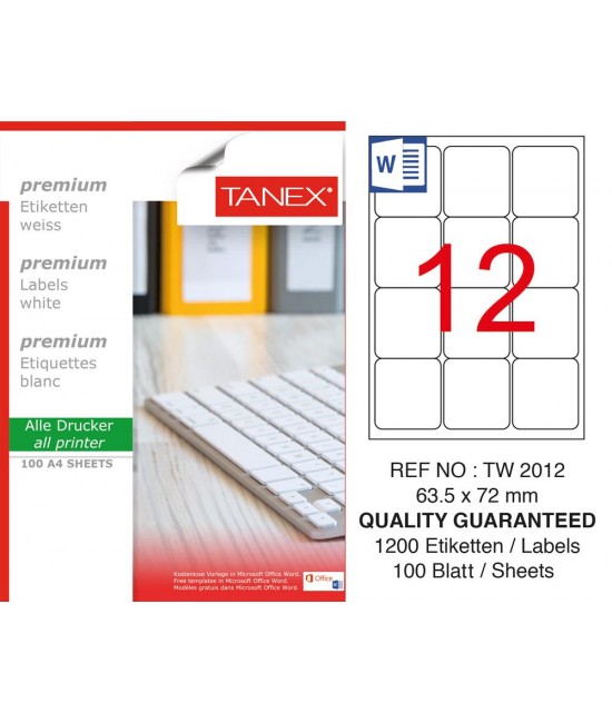 Tanex TW-2012 63,5x72mm Sökülebilir Etiket 100 Lü