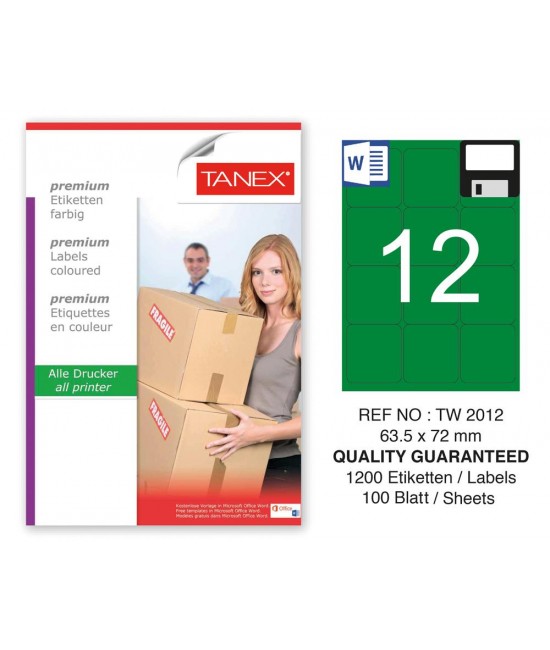 Tanex TW-2012 63,5x72mm Yeşil Pastel Laser Etiket 100 Lü 
