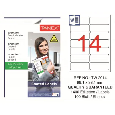 Tanex TW-2014 99.1x38.1mm Kuşe Laser Etiket 1400 Adet Tanex TW-2014 99.1x38.1mm Kuşe Laser Etiket 1400 Adet