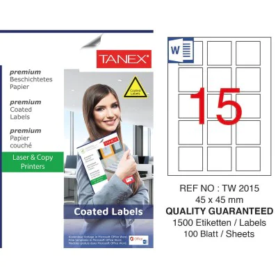 Tanex TW-2015 45x45mm Kuşe Laser Etiket 100 Lü Paket Tanex TW-2015 45x45mm Kuşe Laser Etiket 100 Lü Paket