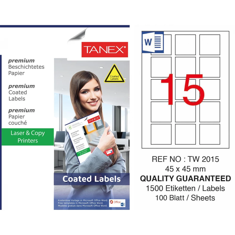 Tanex TW-2015 45x45mm Kuşe Laser Etiket Tanex TW-2015 45x45mm Kuşe Laser Etiket 100'lü Paket