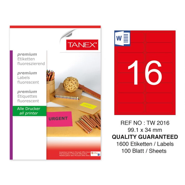 Tanex TW-2016 99,1x34 mm Kırmızı Floresan Laser Etiket 100 Lü