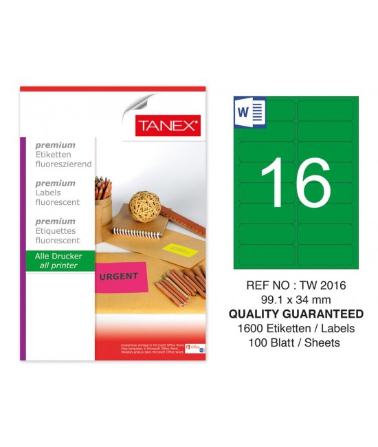 Tanex TW-2016 99,1x34 mm Yeşil Floresan Laser Etiket 100 Lü 