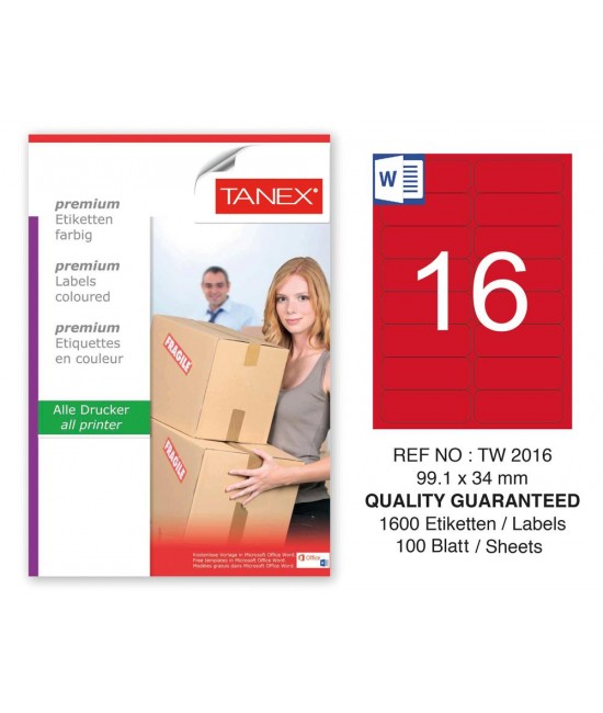 Tanex TW-2016 99,1x34mm Kırmızı Pastel Laser Etiket 100 Lü