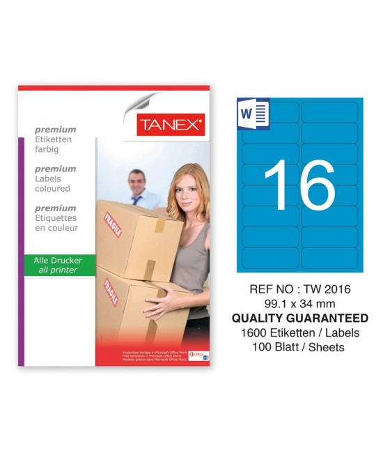 Tanex TW-2016 99,1x34mm Mavi Pastel Laser Etiket 100 Lü 