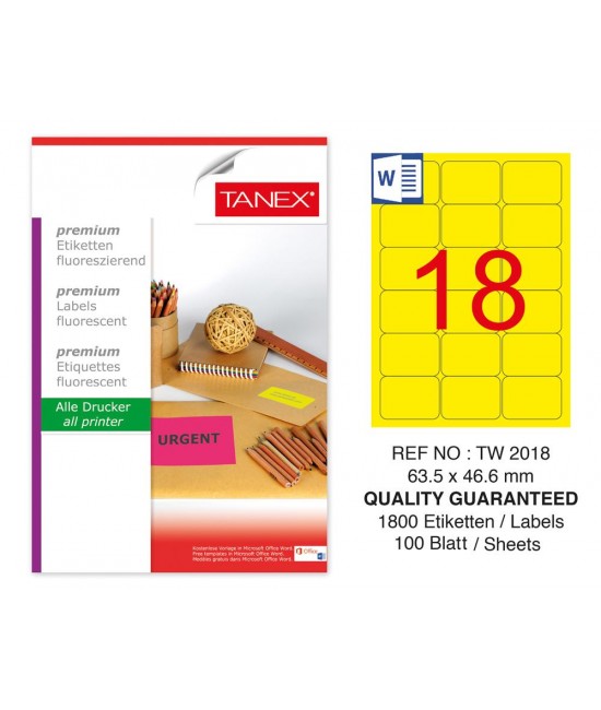 Tanex TW-2018 63.5x46.6 mm Yellow Fluorescent Laser Label 100 Pcs