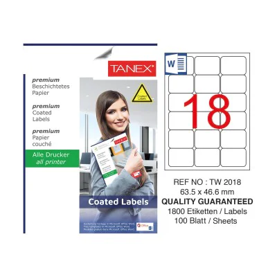 Tanex TW-2018 63.5x46.6mm Kuşe Laser Etiket 100 Lü Paket Tanex TW-2018 63.5x46.6mm Kuşe Laser Etiket 100 Lü Paket