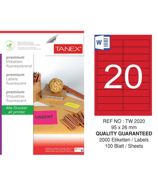 Tanex TW-2020 95x26 mm Kırmızı Floresan Laser Etiket 100 Lü