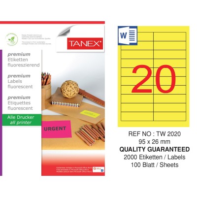 Tanex TW-2020 95x26 mm Sarı Floresan Laser Etiket 100 Lü
