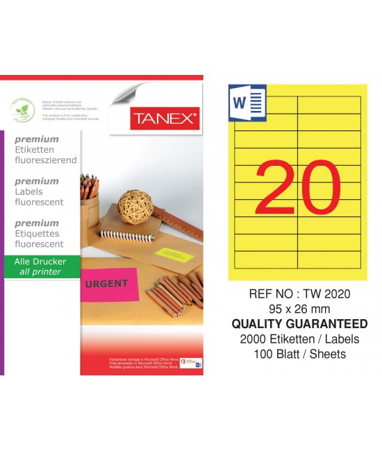 Tanex TW-2020 95x26 mm Sarı Floresan Laser Etiket 100 Lü