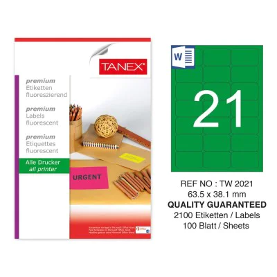 Tanex TW-2021 63,5x38,1 mm Yeşil Floresan Laser Etiket 100 Lü