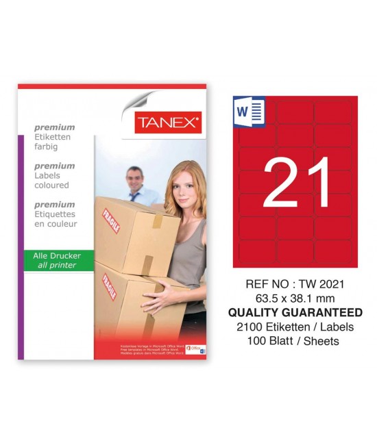 Tanex TW-2021 63,5x38,1mm Kırmızı Pastel Laser Etiket 100 Lü 