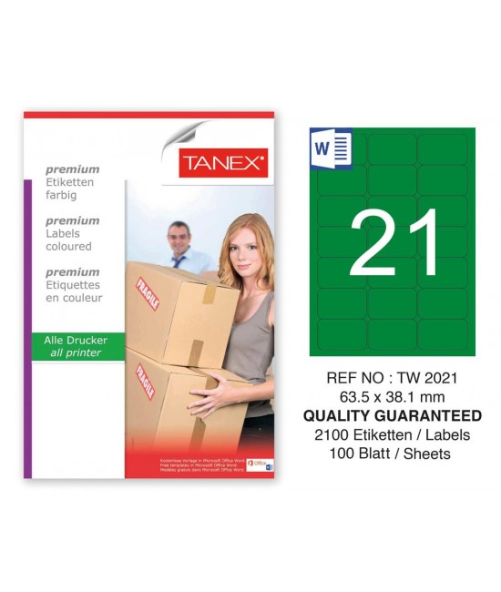 Tanex TW-2021 63,5x38,1mm Yeşil Pastel Laser Etiket 100 Lü