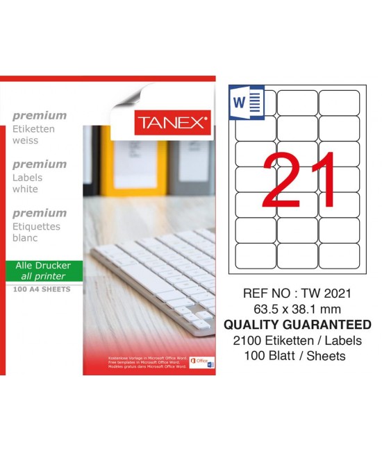 Tanex TW-2021 Beyaz Etiket 63.5 mm x 38.1 mm