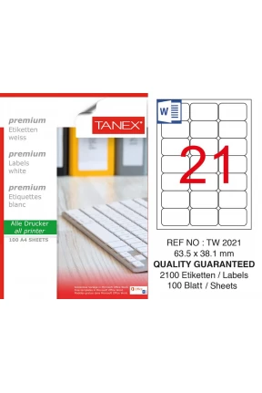 Tanex TW-2021 Beyaz Etiket 63.5 mm x 38.1 mm Tanex TW-2021 Beyaz Etiket 63.5 mm x 38.1 mm