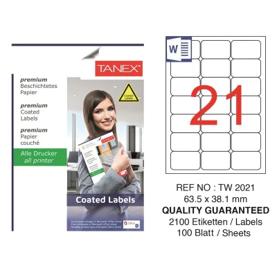 Tanex TW-2021 Kuşe Laser Etiket 63.5 mm x 38.1 mm Tanex TW-2021 Kuşe Laser Etiket 63.5 mm x 38.1 mm