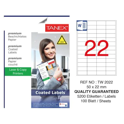 Tanex TW-2022 50x22mm Kuşe Laser Etiket 100 Lü Paket Tanex TW-2022 50x22mm Kuşe Laser Etiket 100 Lü Paket
