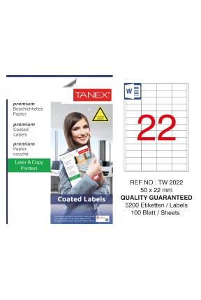 Tanex TW-2022 50x22mm Kuşe Laser Etiket 100 Lü Paket
