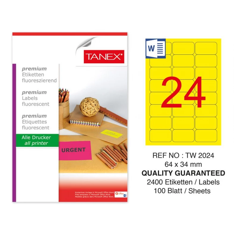 Tanex TW-2024 64x34 mm Sarı Floresan Laser Etiket 100 Lü