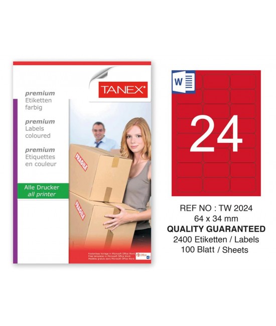 Tanex TW-2024 64x34mm Kırmızı Pastel Laser Etiket 100 Lü