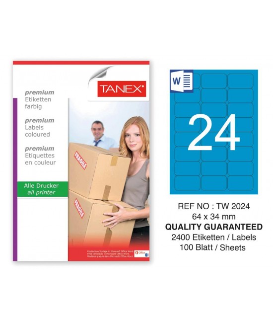 Tanex TW-2024 64x34mm Mavi Pastel Laser Etiket 100 Lü