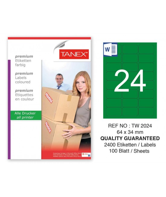 Tanex TW-2024 64x34mm Yeşil Pastel Laser Etiket 100 Lü