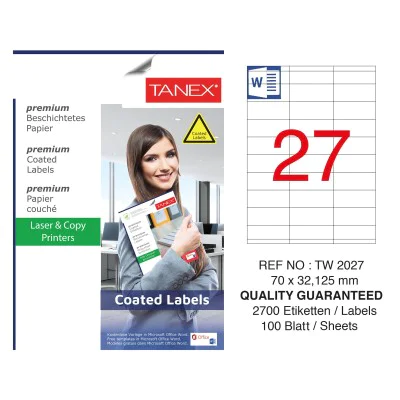 Tanex TW-2027 70x132.125mm Kuşe Laser Etiket 100 Lü Paket Tanex TW-2027 70x132.125mm Kuşe Laser Etiket 100 Lü Paket