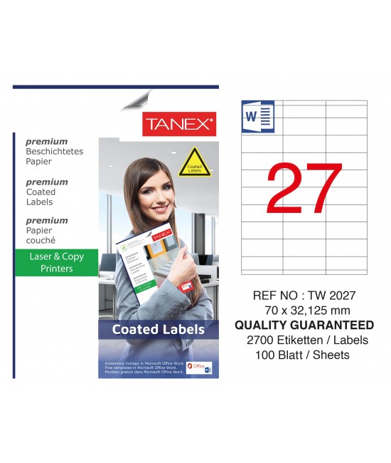 Tanex TW-2027 70x132.125mm Kuşe Laser Etiket 100 Lü Paket