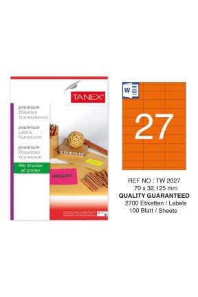 Tanex TW-2027 70x32,125 mm Turuncu Floresan Laser Etiket 100 Lü 