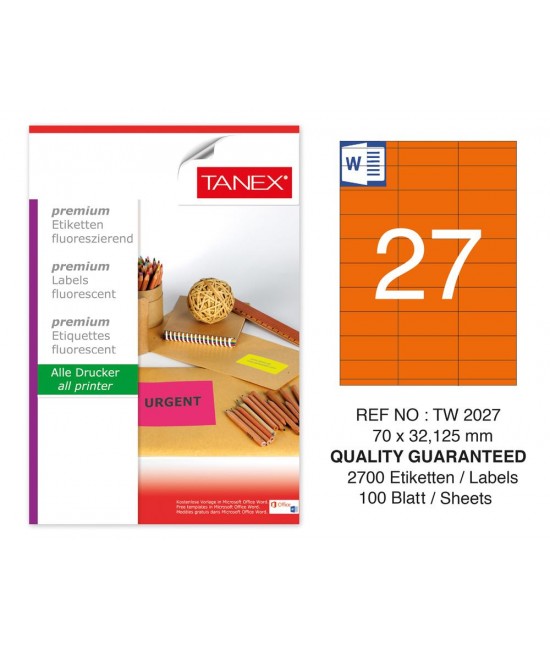 Tanex TW-2027 70x32,125 mm Orange Fluorescent Laser Label 100 Pcs