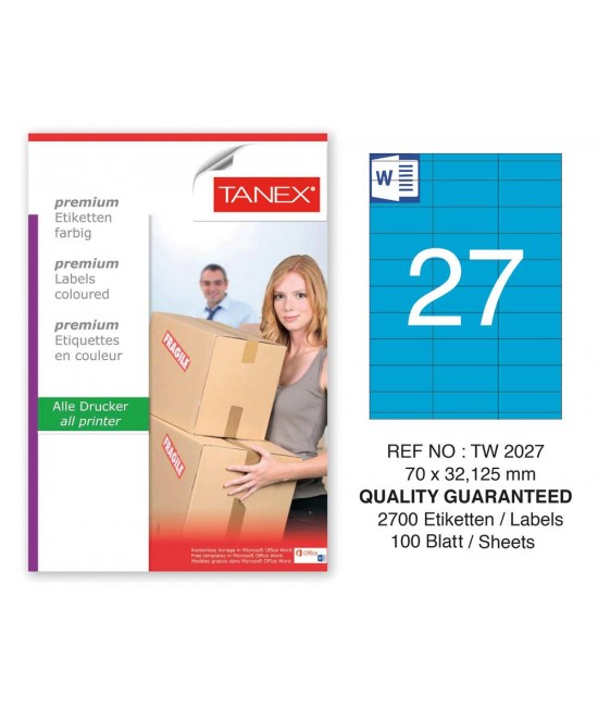 Tanex TW-2027 70x32,125mm Mavi Pastel Laser Etiket 100 Lü
