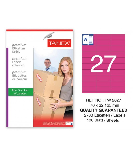 Tanex TW-2027 70x32,125mm Pembe Pastel Laser Etiket 100 Lü 