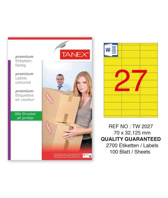 Tanex TW-2027 70x32,125mm Sarı Pastel Laser Etiket 100 Lü 