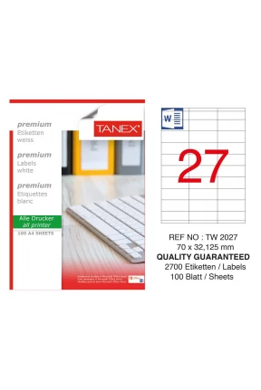 Tanex TW-2027 Laser Etiket 70 x 32.125 mm Tanex TW-2027 Laser Etiket 70 x 32.125 mm