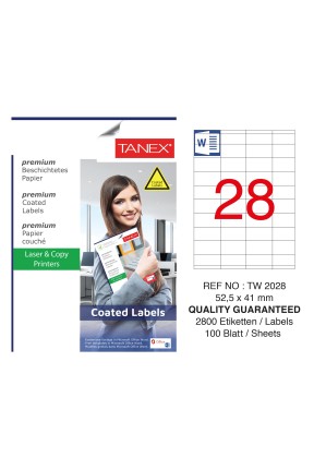 Tanex TW-2028 52.5x141mm Kuşe Laser Etiket 100 Lü Paket