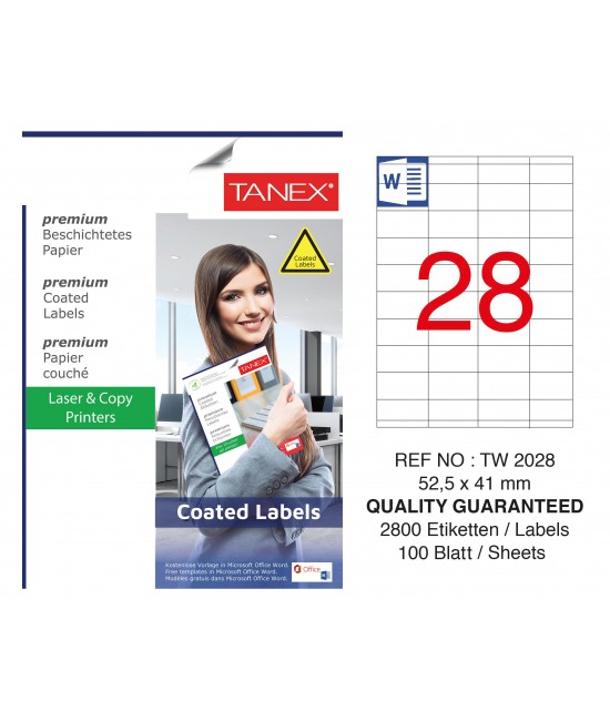 Tanex TW-2028 52.5x141mm Kuşe Laser Etiket 100 Lü Paket