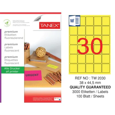 Tanex TW-2030 38x44,5 mm Sarı Floresan Laser Etiket 100 Lü