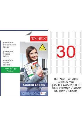 Tanex TW-2030 38x44.5mm Kuşe Laser Etiket 100 Lü Paket