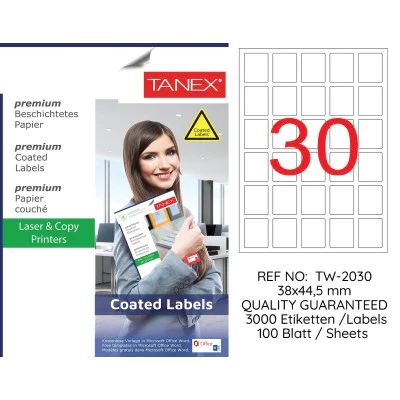 Tanex TW-2030 38x44.5mm Kuşe Laser Etiket 100 Lü Paket Tanex TW-2030 38x44.5mm Kuşe Laser Etiket 100 Lü Paket