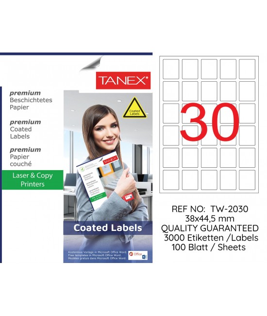 Tanex TW-2030 38x44.5mm Kuşe Laser Etiket 100 Lü Paket