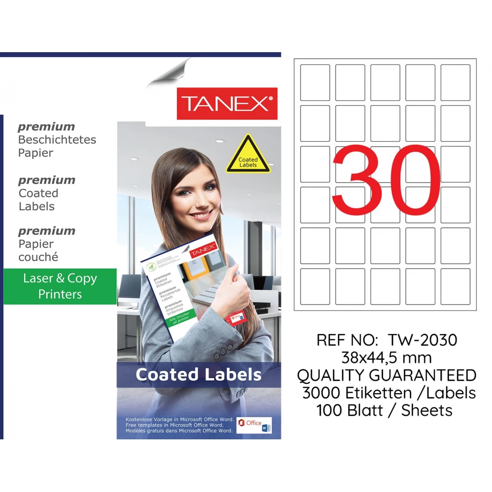 Tanex TW-2030 38x44,5 mm Kuşe Laser Etiket 100'lü Paket