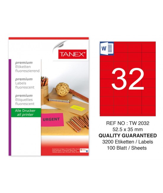 Tanex TW-2032 52,5x35 mm Red Fluorescent Laser Label 100 Pcs