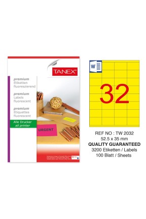 Tanex TW-2032 52,5x35 mm Sarı Floresan Laser Etiket 100 Lü 