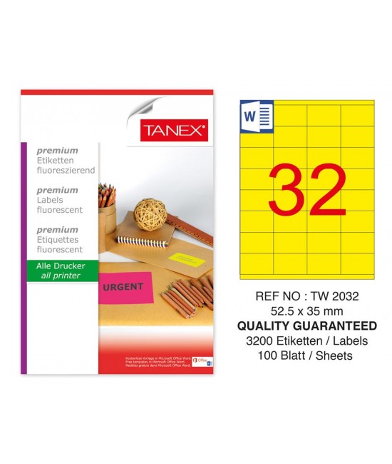 Tanex TW-2032 52,5x35 mm Yellow Fluorescent Laser Label 100 Pcs