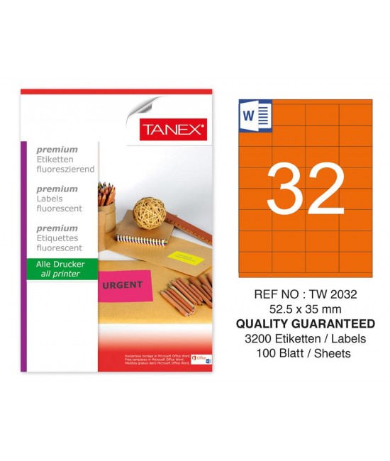 Tanex TW-2032 52,5x35 mm Orange Fluorescent Laser Label 100 Pcs