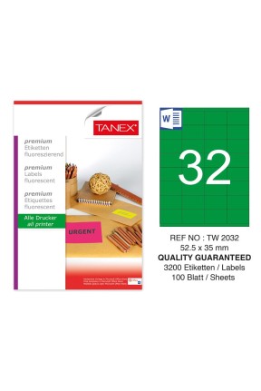 Tanex TW-2032 52,5x35 mm Yeşil Floresan Laser Etiket 100 Lü 