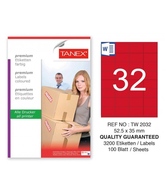 Tanex TW-2032 52,5x35mm Kırmızı Pastel Laser Etiket 100 Lü