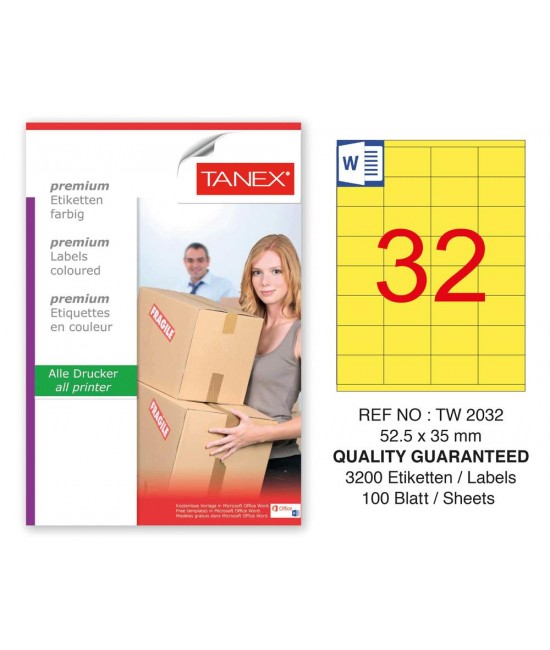 Tanex TW-2032 52,5x35mm Sarı Pastel Laser Etiket 100 Lü