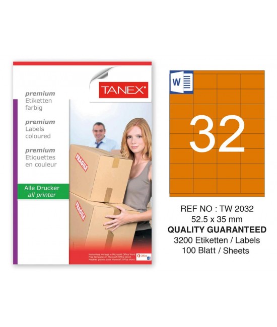Tanex TW-2032 52,5x35mm Turuncu Pastel Laser Etiket 100 Lü 